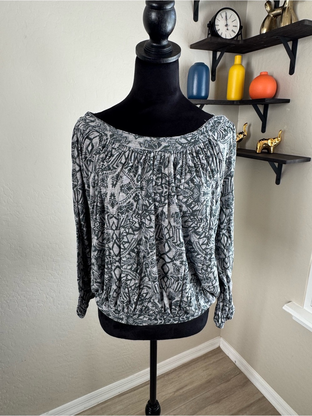 Free People Grey and White Off-Shoulder Printed Blouse